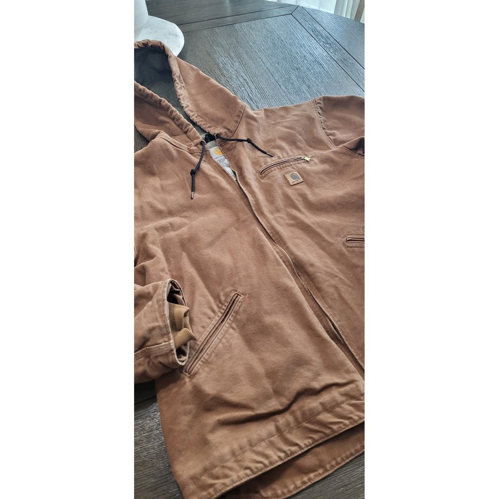 Vintage Carhartt J141 Faded Distressed Brown Canvas Sherpa Hooded Jacket XL